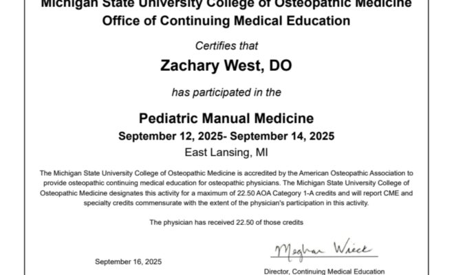Dr. West Completes Pediatric Manual Medicine Course