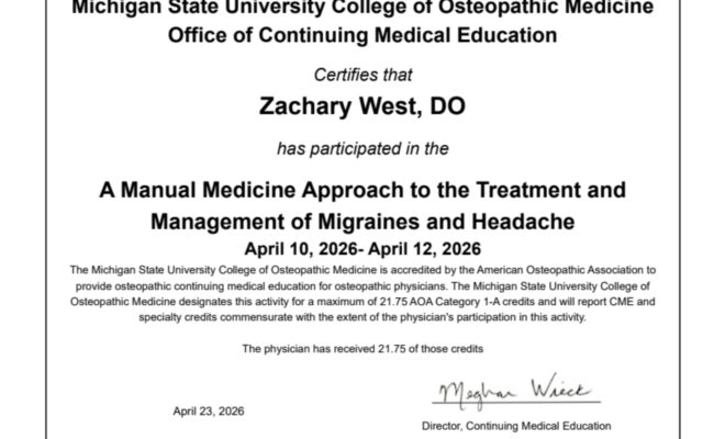Dr. West Completes Migraines & Headaches Course